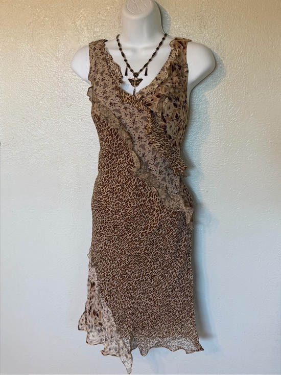 Dress Barn Dresses & Skirts - Y2K VTG 100% Silk Ruffle Tiered Floral & Leopard Print Asymmetrical Midi Dress 6
